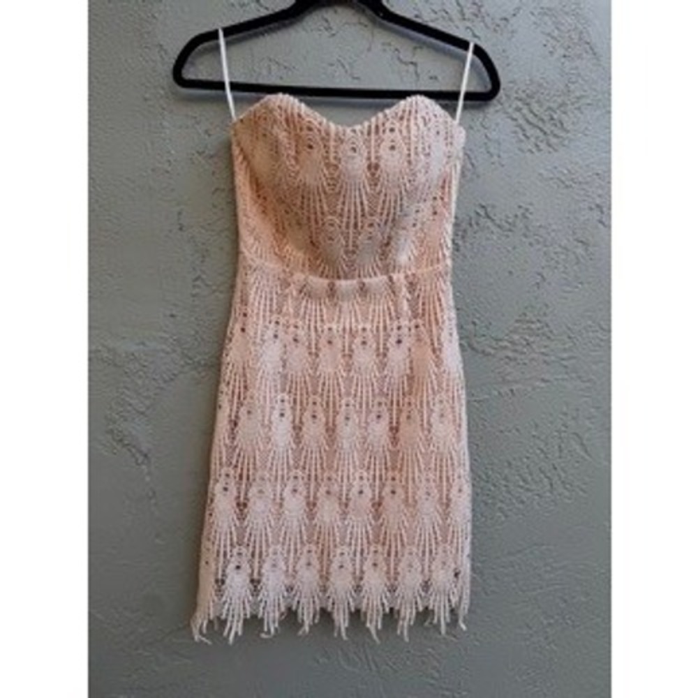 Aijek NEW Strapless Peach Crochet Lace Mini Dress Formal Wedding Coquette Party - Picture 2 of 11